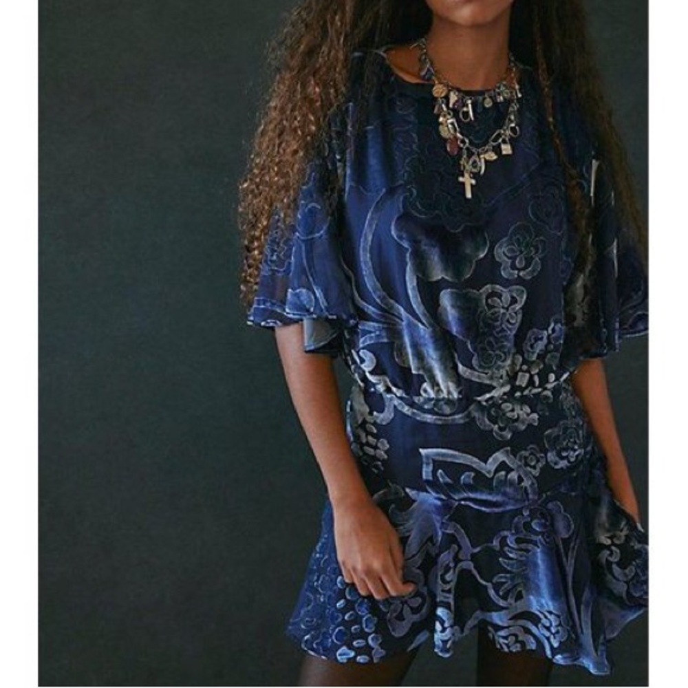 Free People Manuka Burnout Velvet Mini Dress in Navy Combo